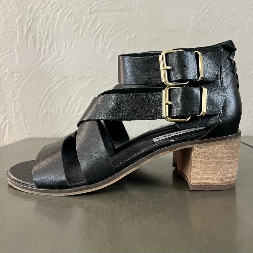 Steve Madden Womens Size 8 Rosana Black Leather Gladiator Sandals Stacked Heel